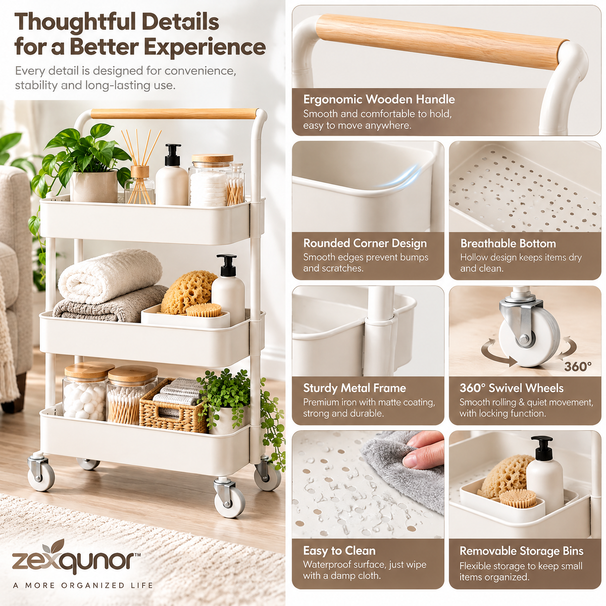 zexqunor™ 3-Tier Rolling Storage Cart