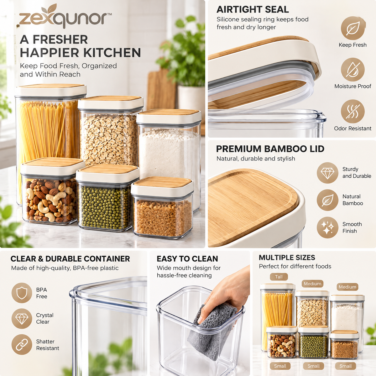 zexqunor™ Bamboo Lid Food Storage Container Set